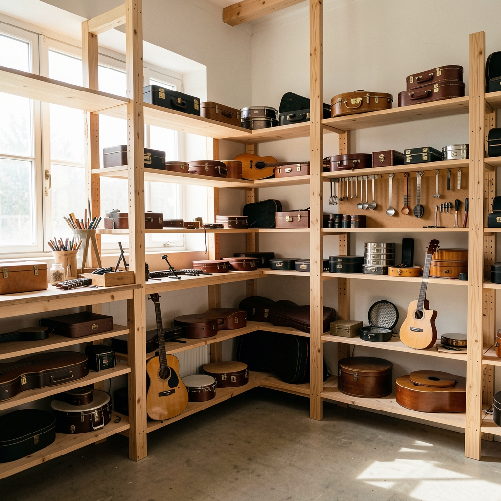 Instrumente muzicale și accesorii organizate într-un atelier luminos cu rafturi din lemn, fără persoane